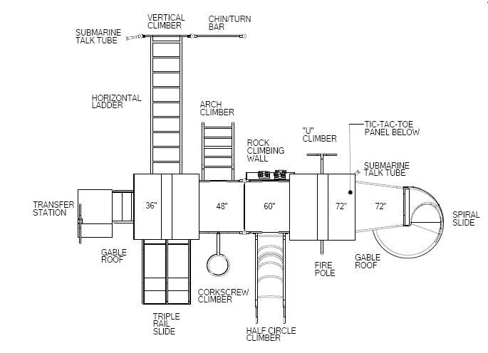 Top-down view of a large playground system with slides, climbers, fire pole, talk tubes, tic-tac-toe panel, and gabled roofs