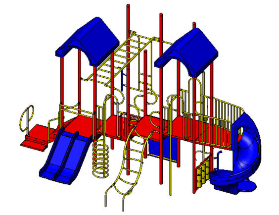 Colorful playground structure with dual blue roofs, spiral slide, double slide, climbing ladders, fire pole, and tic tac toe panel