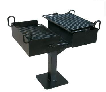 Dual Grate Cantilever Grill with black powder-coated firebox, double-flip-back cooking surfaces, and sturdy post support