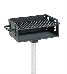 Rotating Pedestal Adjustable Grill by Park Grills with black powder-coated firebox, 4-level cooking grate, and post mount