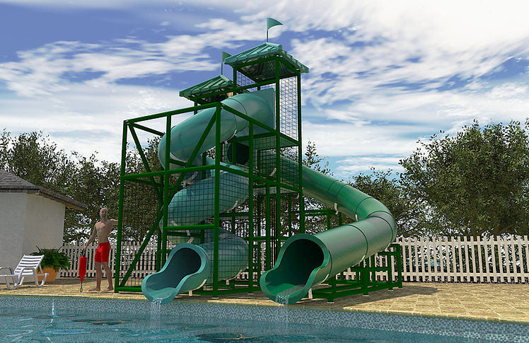 Mobile Bay Water Slide with two green spiral and curved flumes beside pool and white picket fence under blue sky