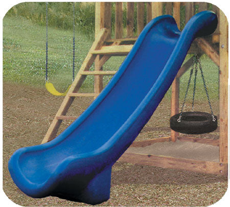 Scoop Slide 6 Foot High Deck blue double wall rotomolded scoop slide attached to wooden playset with swings