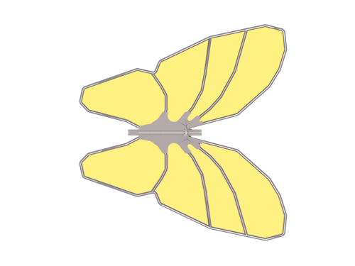 Overhead view of yellow butterfly-shaped shade structure with eight fabric panels and metal framework