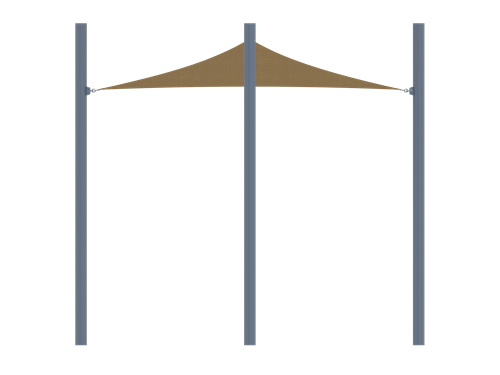 Triangular desert sand shade sail supported by three tall gray metal posts for outdoor sun protection
