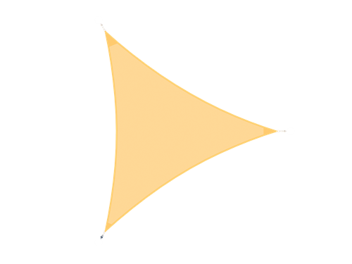 Triangular desert sand shade sail with three varying-height columns creating a modern outdoor sun shelter