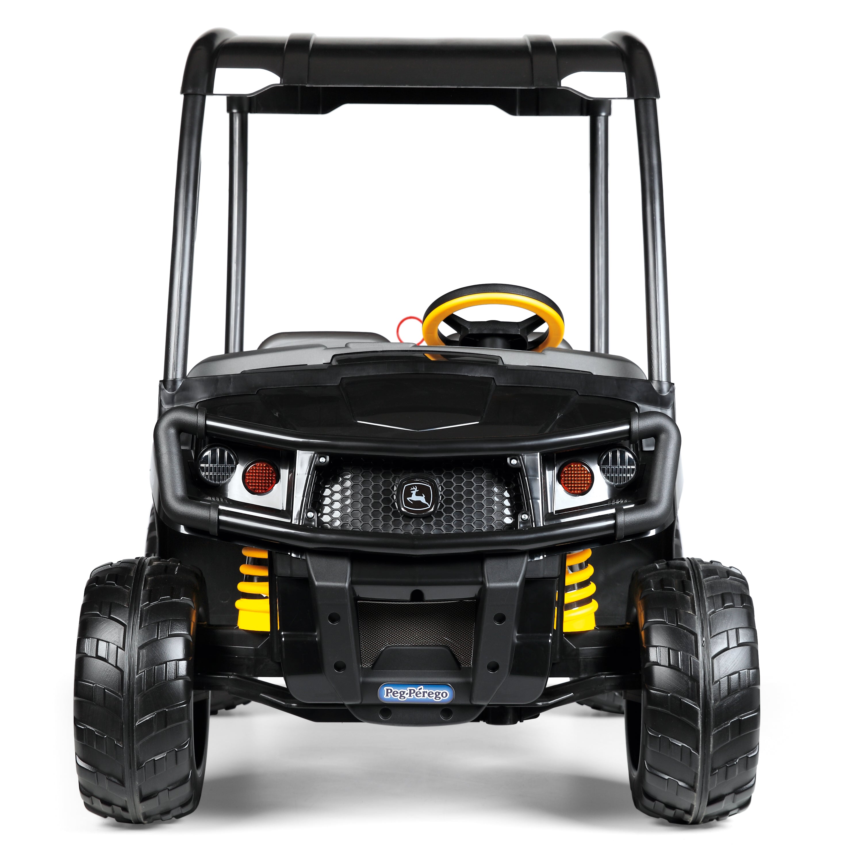 Black ride-on utility vehicle with yellow steering wheel, rugged tires, protective roof frame, and large dump bed