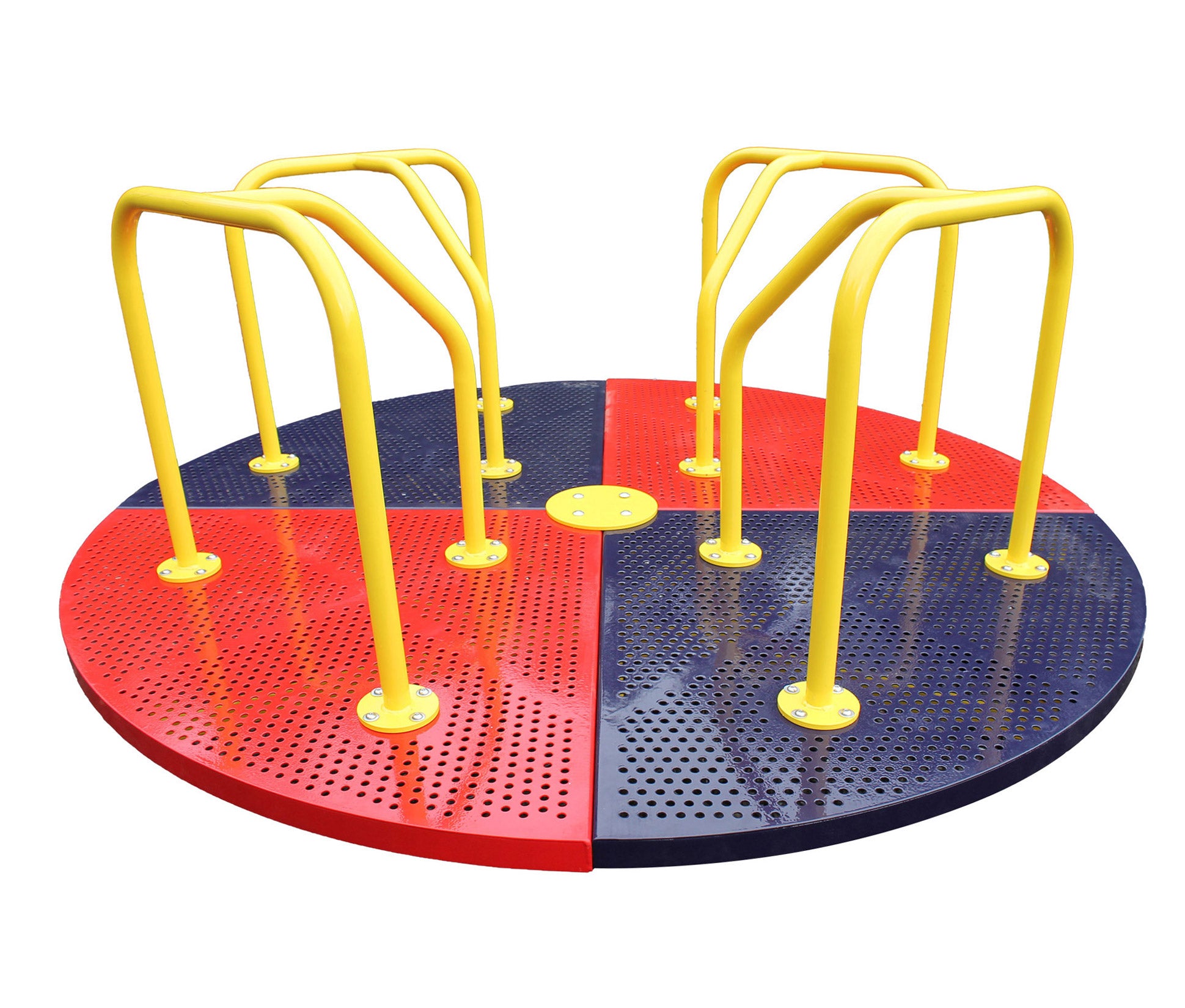 Merry Go Round playground equipment with red and blue punched steel deck and yellow powder-coated handrails for safe grip and footing