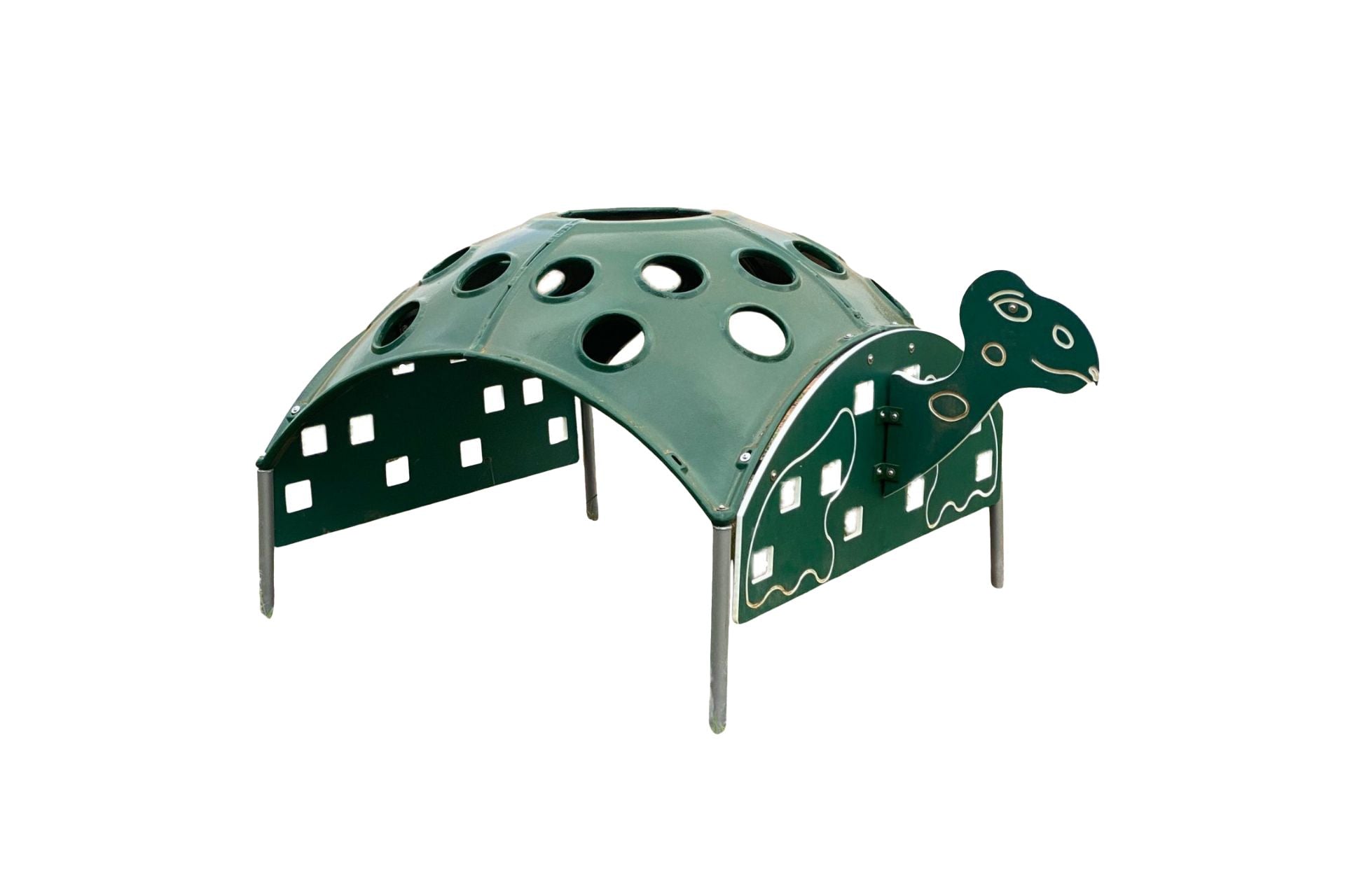 Turtle Climber outdoor play structure with green turtle shell design, climbing holes, and sturdy metal legs for playgrounds