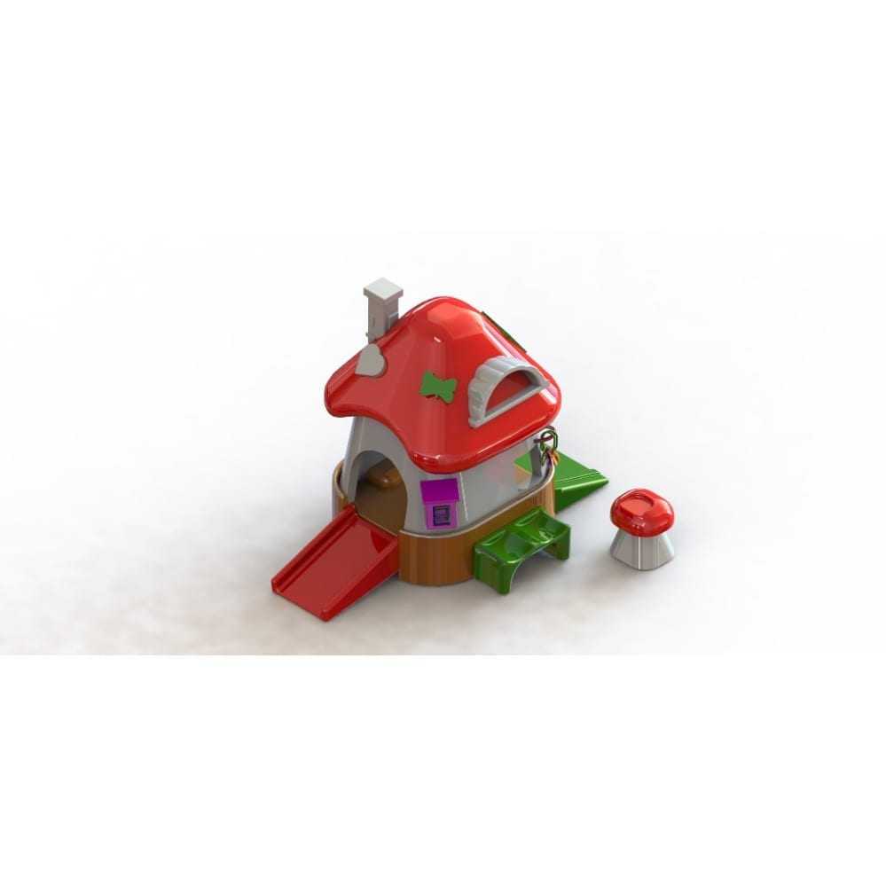 Colorful outdoor playhouse with red mushroom roof, green side bench, slide, and separate toadstool chair for toddlers.
