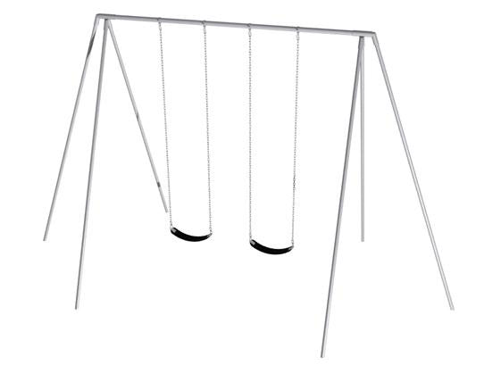 Metal tripod swing set with two black cut-proof belt seats, galvanized steel chains, and angled legs