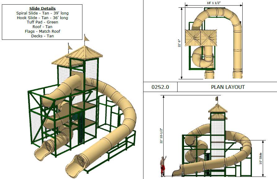 Tan dual-flume water slide with spiral and curved tubes, tan roofed tower, green frame, and matching flags