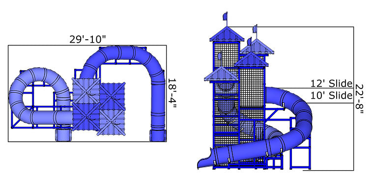 Dual curved blue water slides with netted climbing decks and aluminum towers at a poolside setting