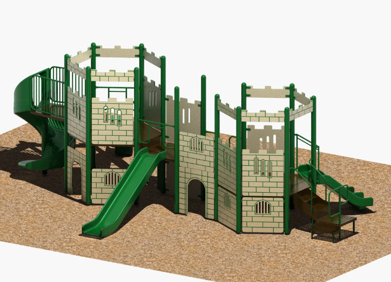 Castle-themed modular playground with green towers, spiral and double slides, chain climber, archway on wood chip surfacing