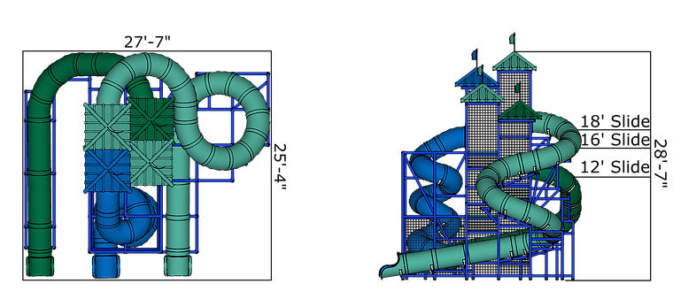 Three large blue and green spiral and curved water slides with metal frame, mesh safety netting, and peaked roofs.