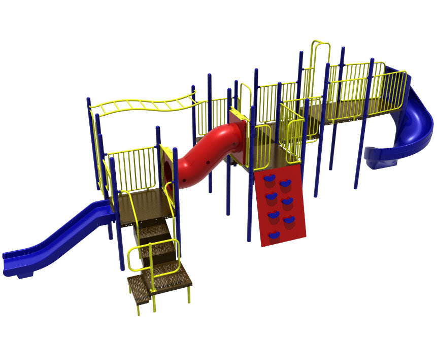 Colorful playground structure with blue and yellow railings, red climbing wall, spiral tunnel slide, and two blue slides