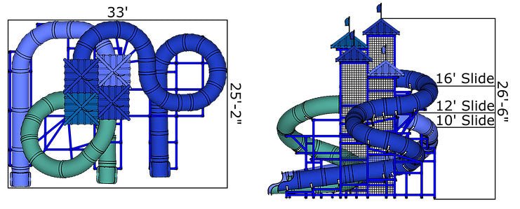 Three large curved blue and green water slides with loops and towers, viewed from top and side angles.