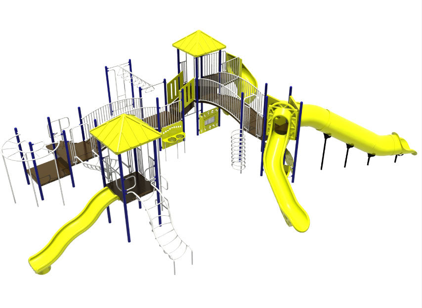 Thomas ADA Modular Playground with yellow slides, climbing structures, and elevated platforms for inclusive outdoor play and accessibility