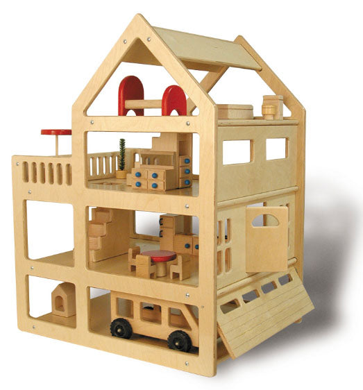 Family Doll House wooden four-story dollhouse with open rooms, garage with opening doors, attic, terrace, and miniature furniture pieces