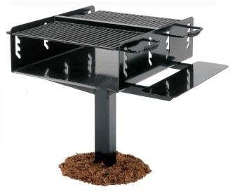 Black bi-level outdoor grill with adjustable cooking grates, utility shelf, and sturdy ground-mounted support post