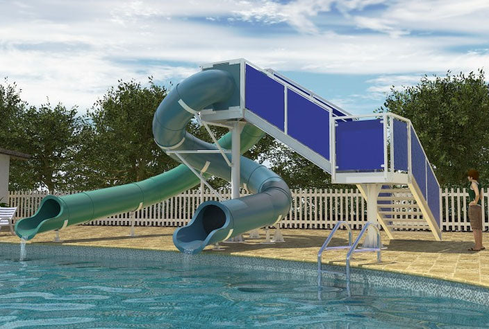 Outdoor water slide with 360° corkscrew turn, enclosed stairs with metal handrails, and dual tube exits into pool