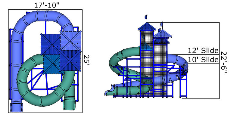 Dual curved blue and green water slides with foam-padded aluminum frame and mesh safety netting on two towers