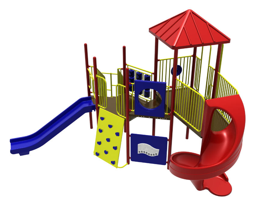 Colorful outdoor playground with slides, climbing wall, tic-tac-toe panel, and red canopy roof promoting active and creative play