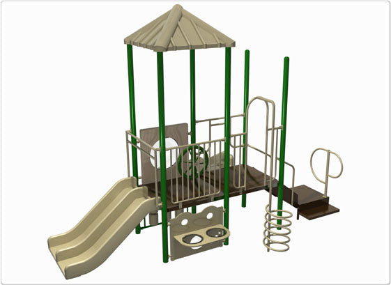 Sportsplay Play System with triple wall slide, double straight slide, tic tac toe panel, bubble panel, corkscrew climber, guard wall, and sand and water table panel.