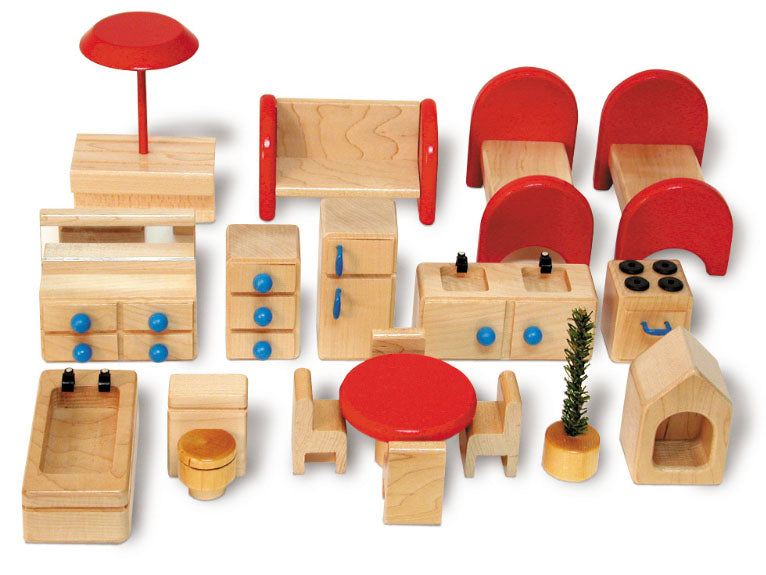 Family Doll House Furniture Set with 18 wooden pieces including beds, table, chairs, kitchen appliances, and accessories in natural wood and red accents