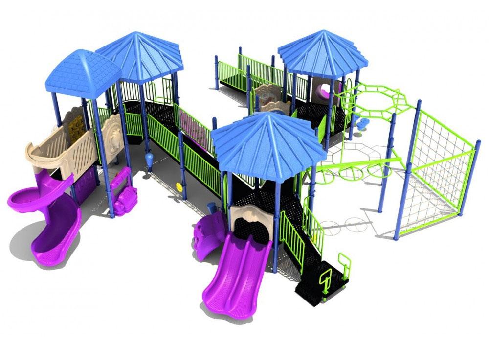 Colorful inclusive playground with blue roofs, purple slides, green railings, ramps, climbing nets, and activity panels