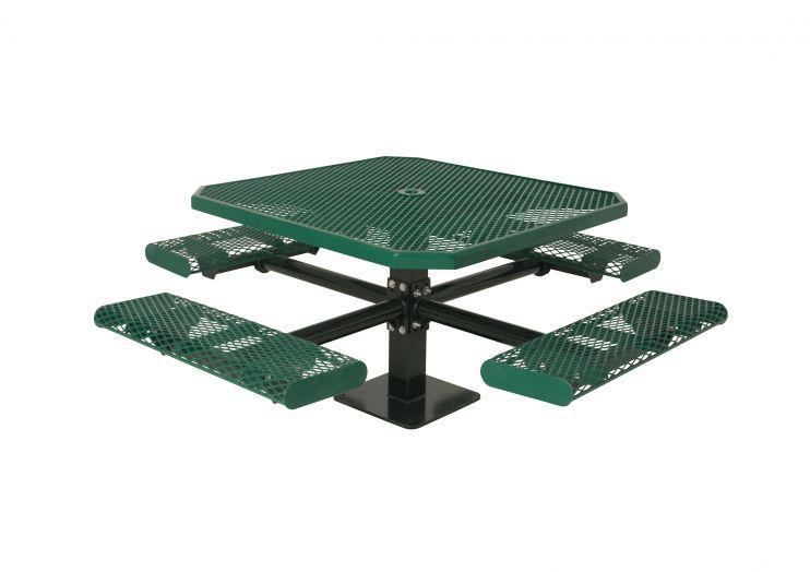 46" Single Pedestal Table with green diamond-patterned metal top, octagon shape, black square center post, and attached benches
