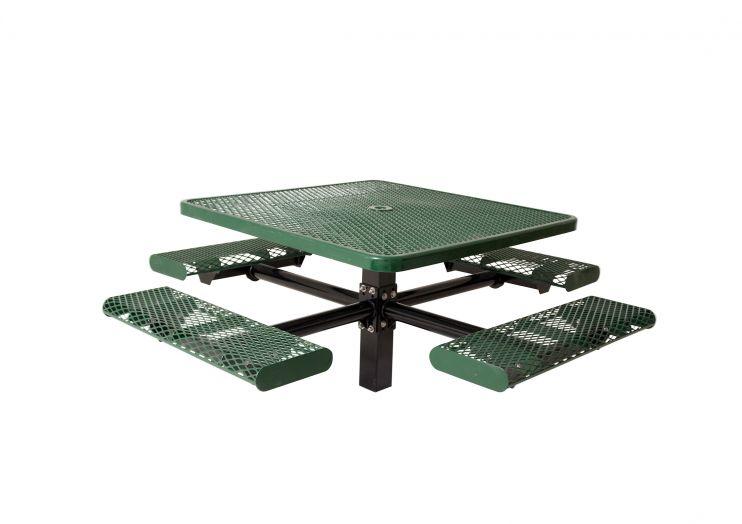 Green metal octagon picnic table with diamond-patterned surface, four attached benches, and central pedestal support.
