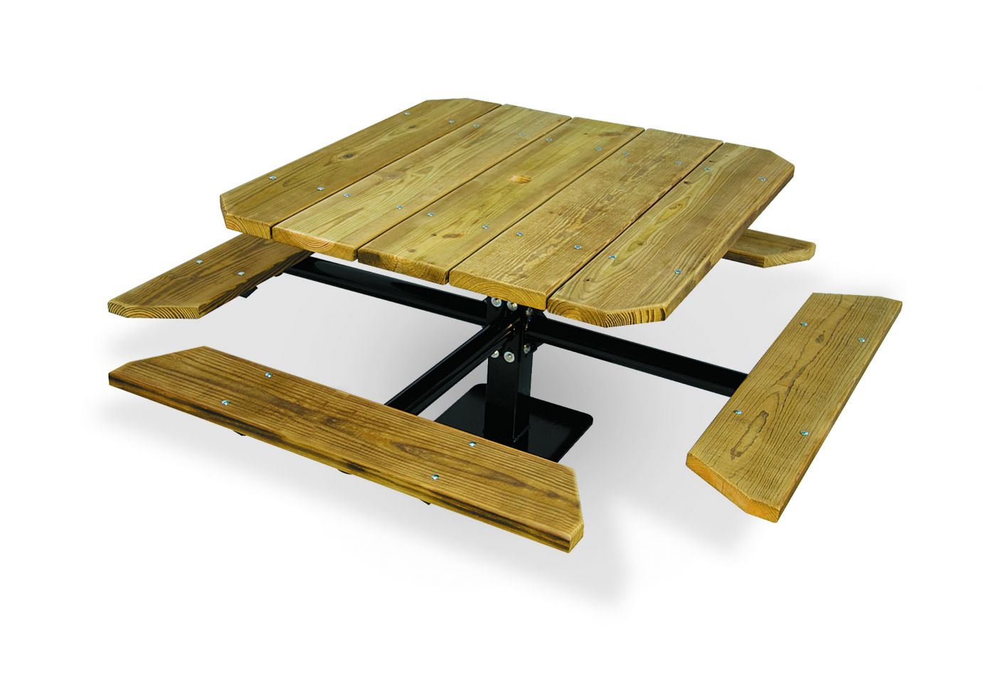 ADA 2 Seat Wooden Single Pedestal Table with natural wood plank top, black metal pedestal base, and attached benches with round seat support arms