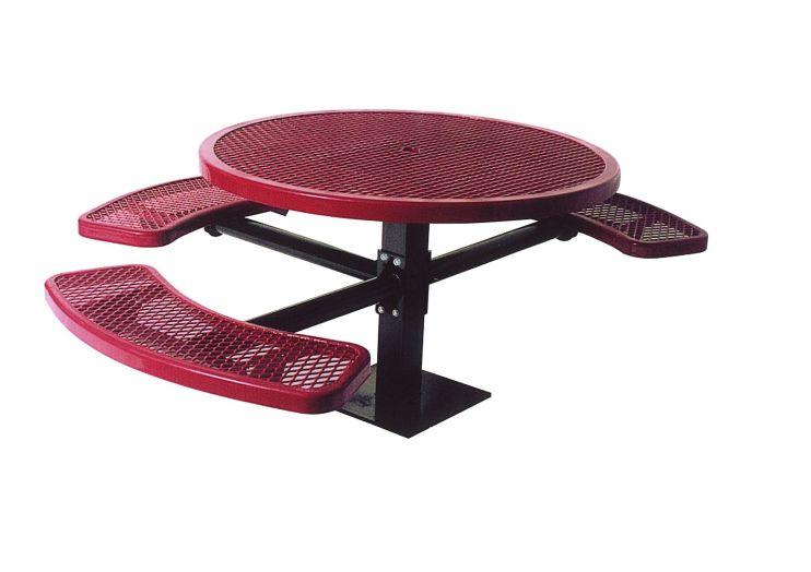 Round red metal picnic table with octagon-shaped top, diamond pattern surface, three curved attached benches, and central pedestal base