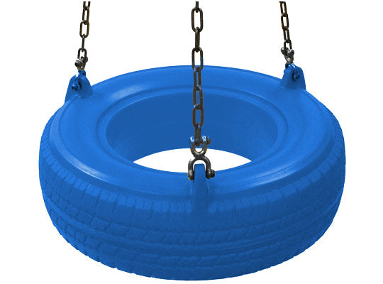 Blue plastic tire swing seat with metal chain suspension, designed for playground use and outdoor play.