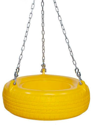 Yellow plastic tire swing seat with textured tread pattern and metal hanging chains, playground accessory