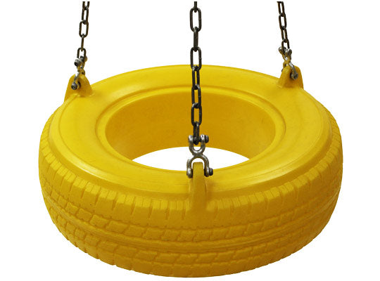 Yellow Plastic Tire Swing Seat suspended by metal chains, durable playground swing accessory
