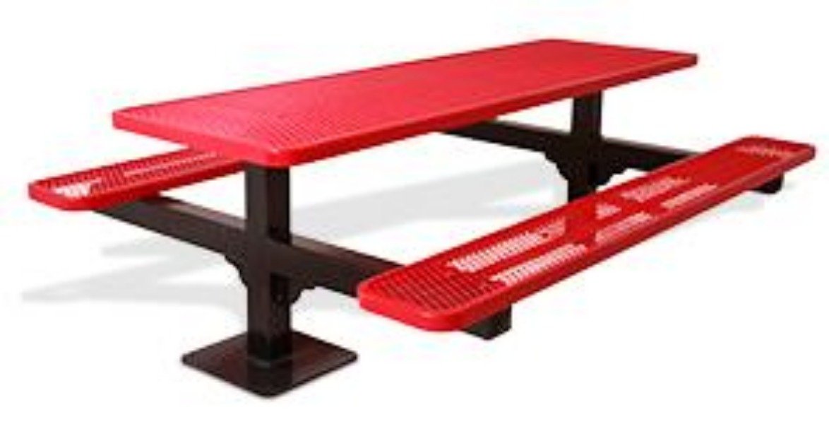 Red dual pedestal picnic table with perforated metal planks, powder-coated black frame, ADA accessible from both ends