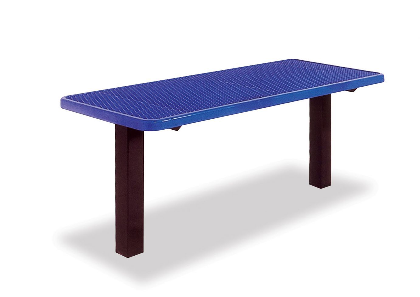 Blue rectangular outdoor utility table with textured surface, two black pedestal legs, ADA compliant design