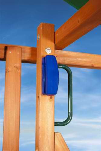 Blue cordless play phone mounted on wooden swing set frame with green metal handle against clear sky