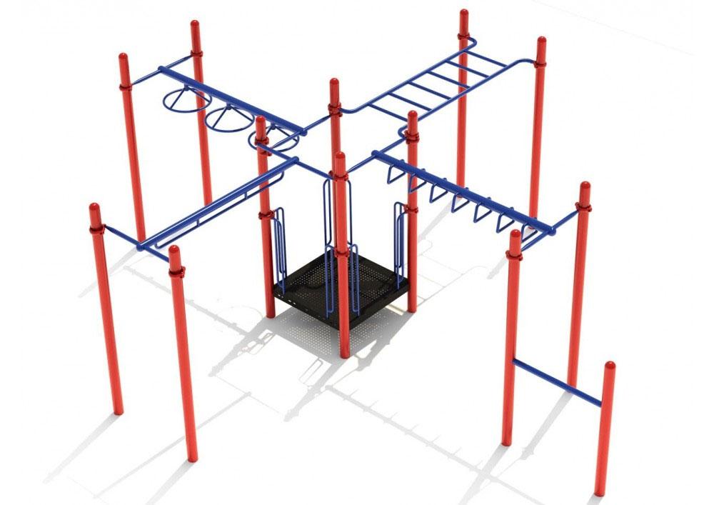 Elevated playground fitness structure with red vertical posts and blue overhead ladders including horizontal, rung, parallel, and wheel swing types