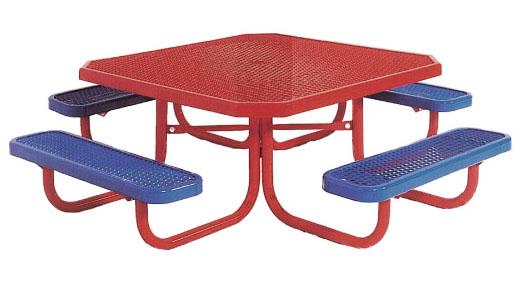 Red octagon preschool table with four attached blue benches, perforated metal surface, and sturdy tubular frame