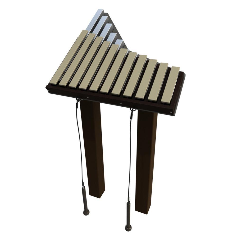 Outdoor musical instrument with brown frame, beige fiberglass bars in triangular layout, two hanging mallets