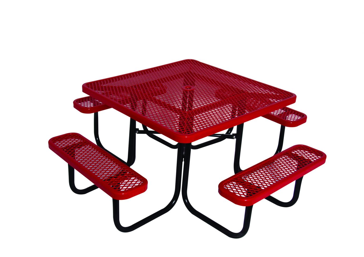 Square Picnic Table with red perforated metal top and benches, black steel frame, outdoor park seating
