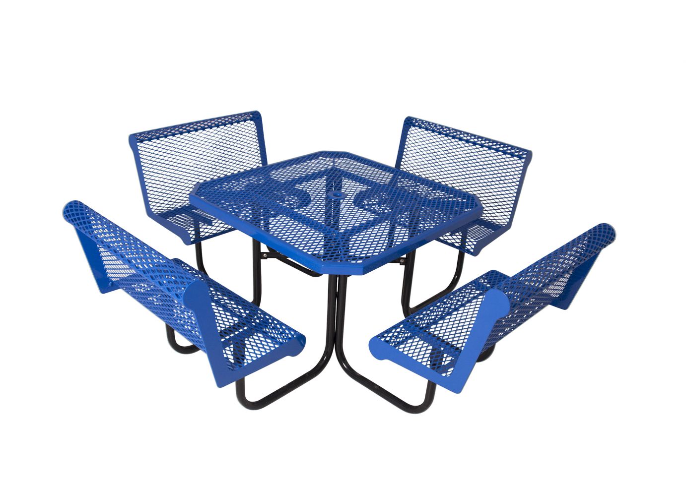 Square Picnic Table with Capri Seats in blue, perforated metal tabletop and seating, black powder-coated welded frame, outdoor picnic furniture