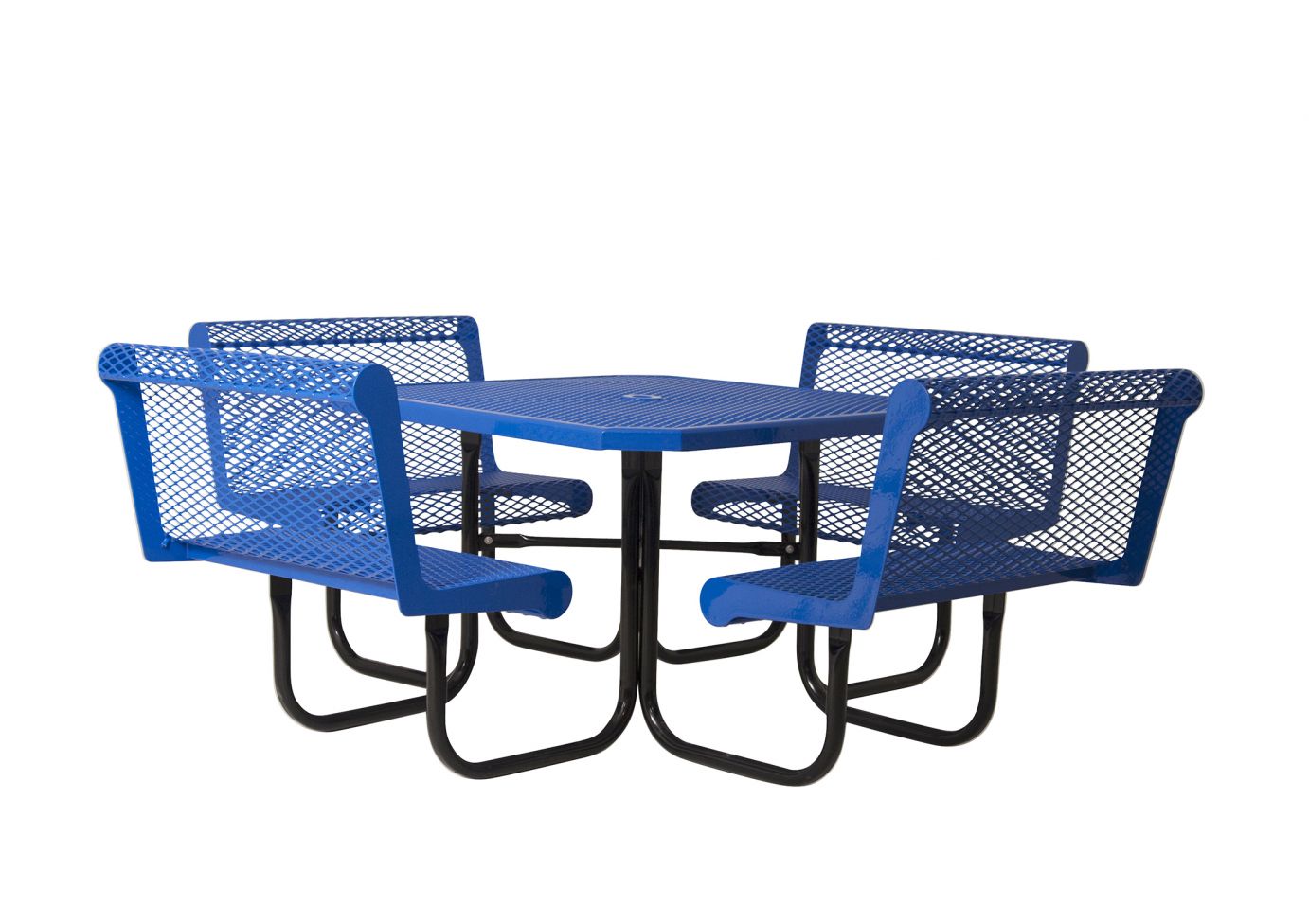 Blue square outdoor picnic table with four attached perforated metal seats and black powder-coated frame