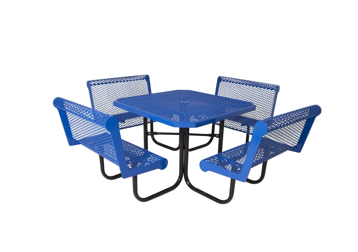 Blue square outdoor picnic table with four attached perforated metal seats and black powder-coated frame