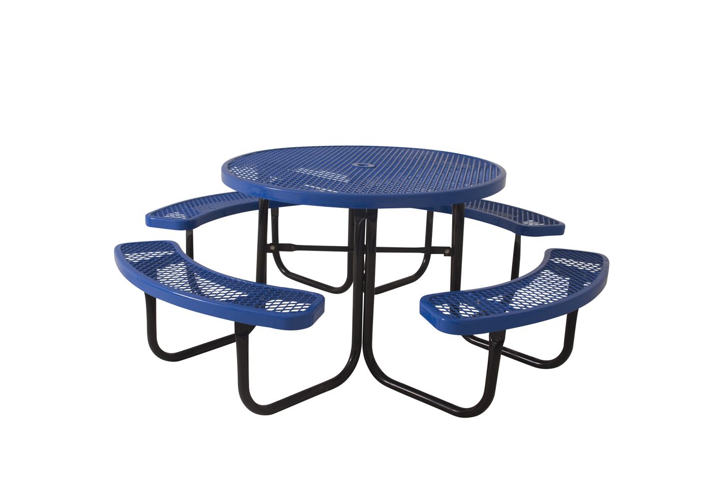 ADA 3-Seat Table with Round Arms, blue perforated metal top and seats, black steel frame, outdoor accessible picnic table