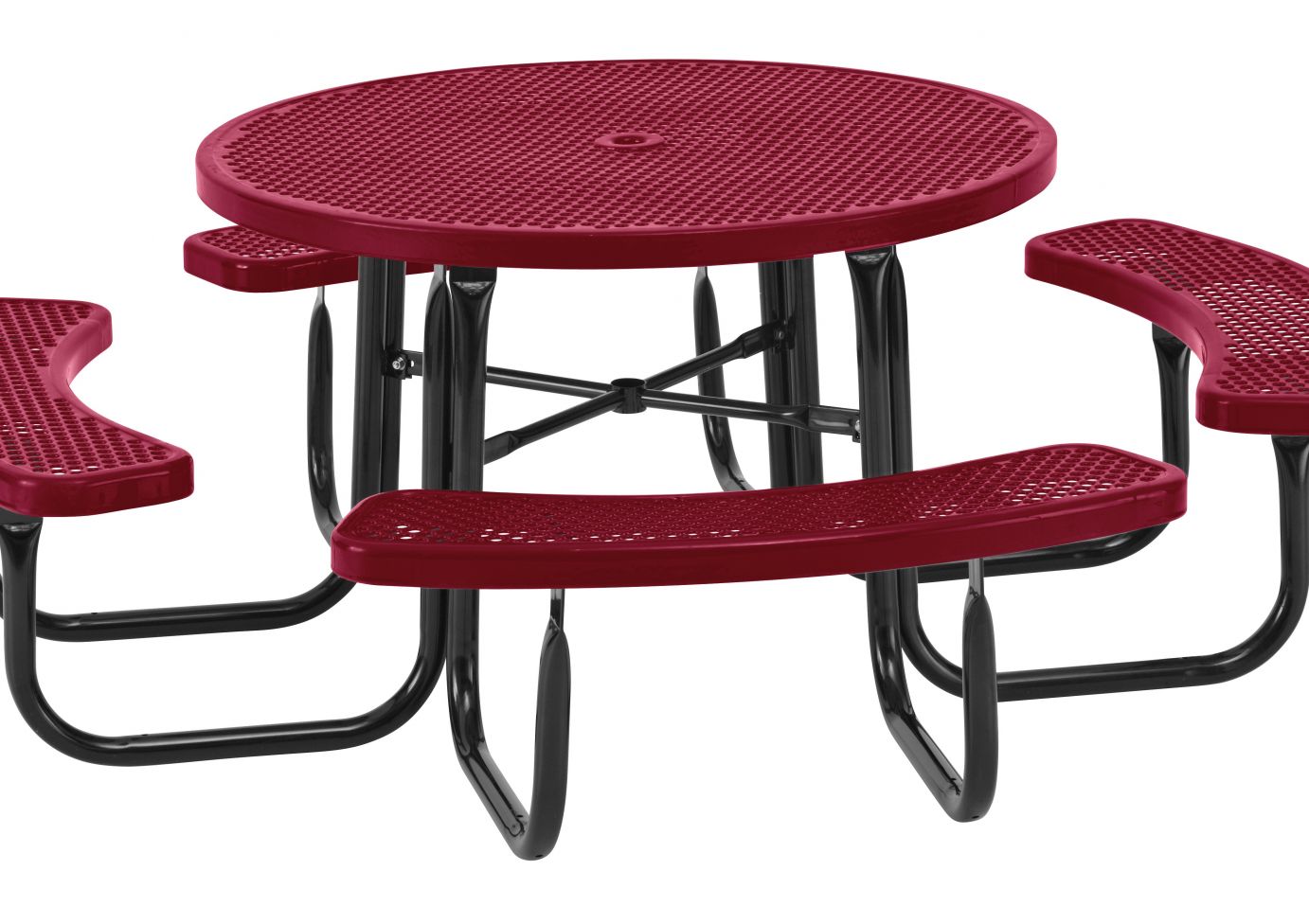 Round burgundy metal picnic table with diamond-patterned top and curved benches on black welded frame