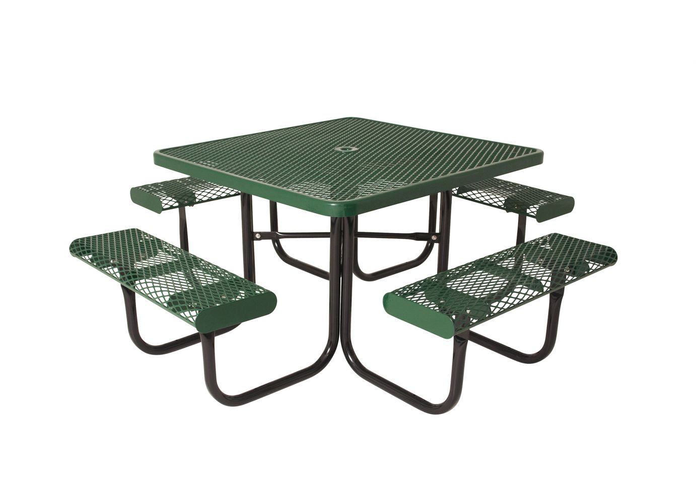 Green metal square outdoor picnic table with diamond-rolled edge and attached benches on black steel frame
