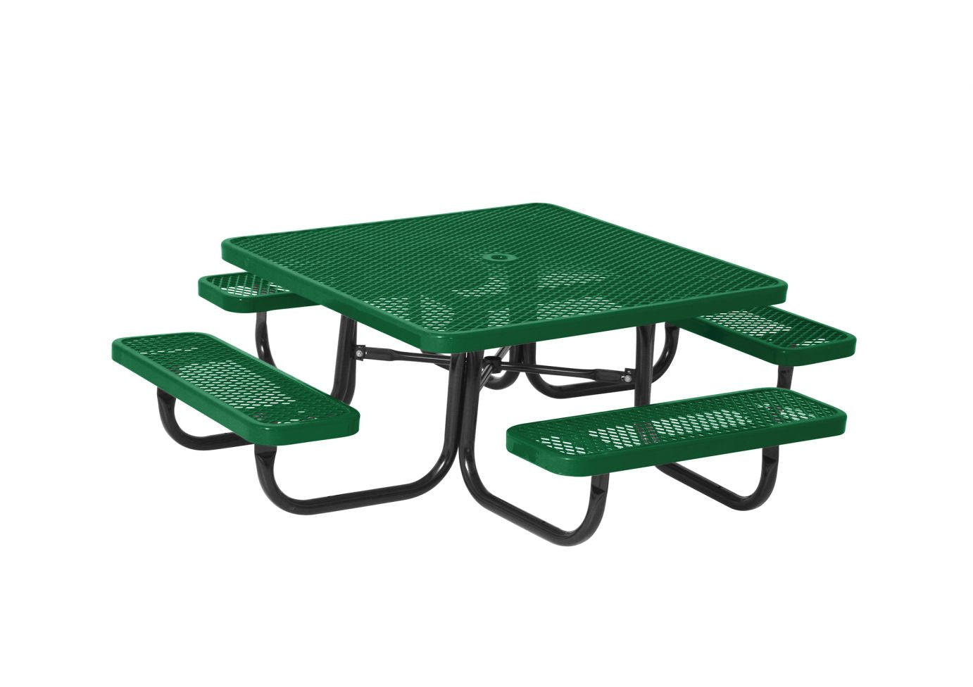 Green square metal picnic table with attached benches and black tubular frame, outdoor park seating
